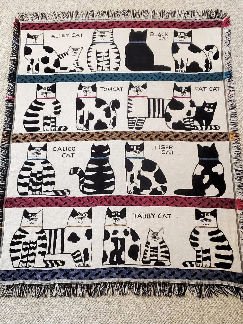 Vintage 1980s Pat Meyers Cat Throw Blanket Woven Cotton
